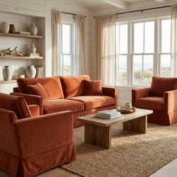 Trzyosobowa sofa Vesper 220 cm ze ściąganym pokrowcem – welur terakota w stylu Farmhouse