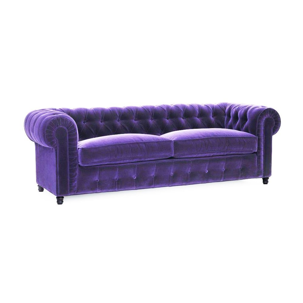 Fioletowa pikowana sofa Chesterfield